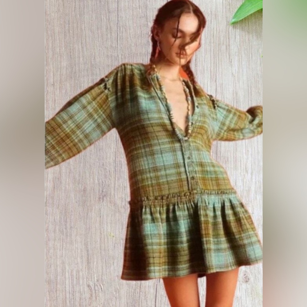 Free People Textured Plaid Top in Green and Brown